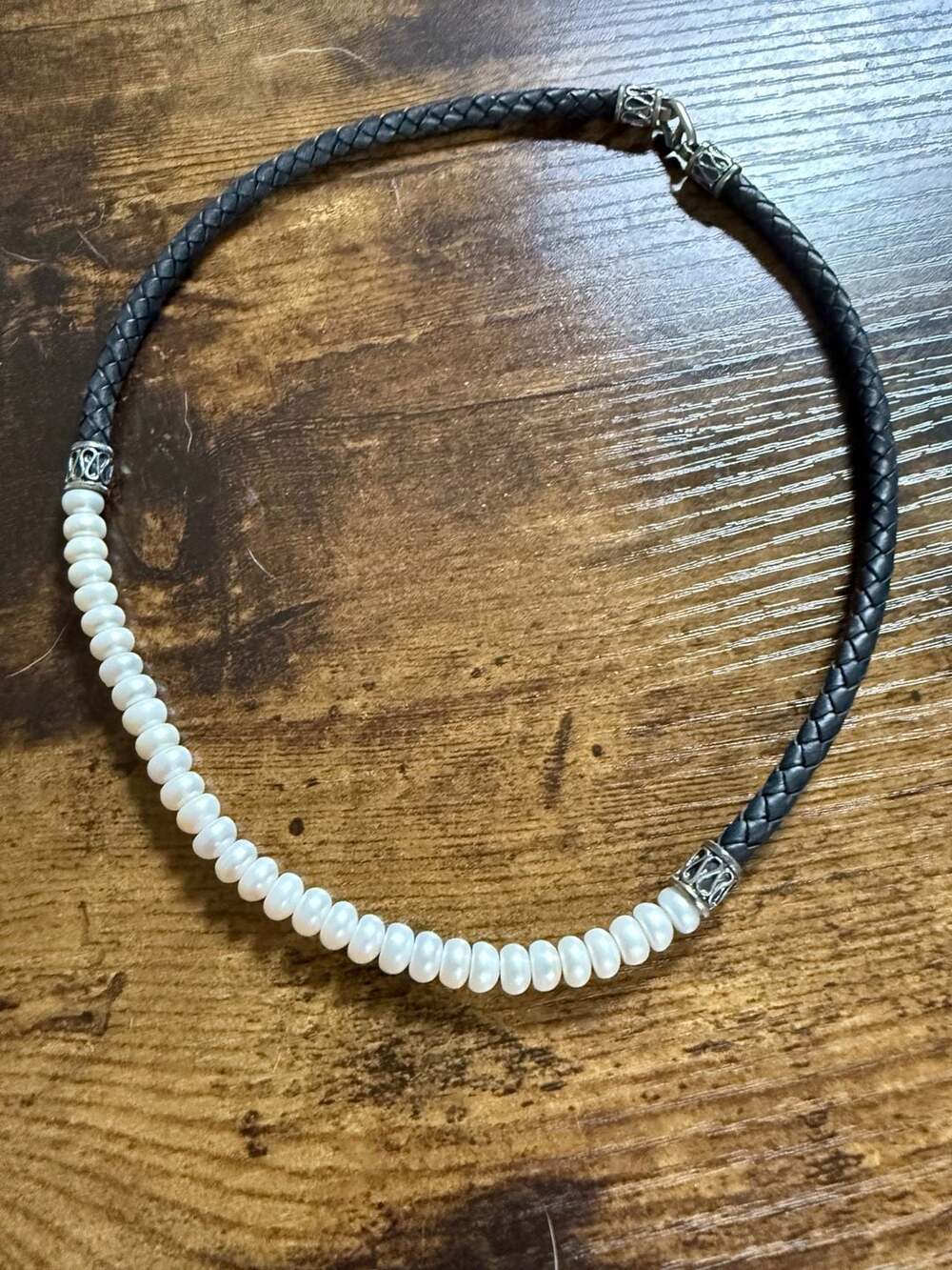 Black Braided Leather and White Freshwater Pearl Sterling Silver Necklace